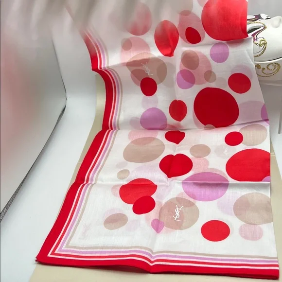 Yves Saint Laurent Red, Lilac & Cream Polka Dot Cotton Handkerchief / Bandana - Picture 4 of 12